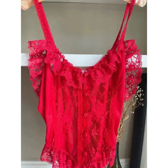 Vintage Delicates Red Lingerie Ruffle Bodysuit - Picture 2 of 4